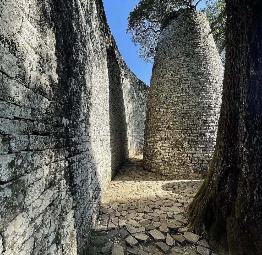 The Great Enclosure at Great Zimbabwe, with its conical tower between the parallel stone walls