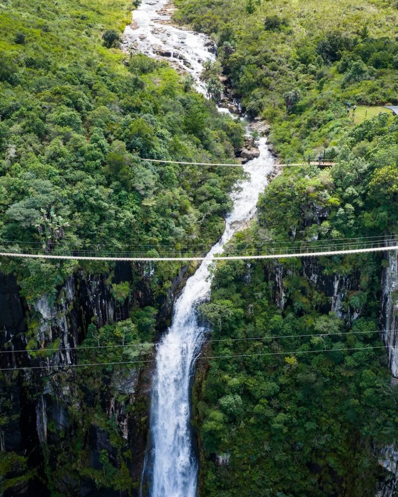 A tall waterfall dropping through green forest, with cables strung across the gorge