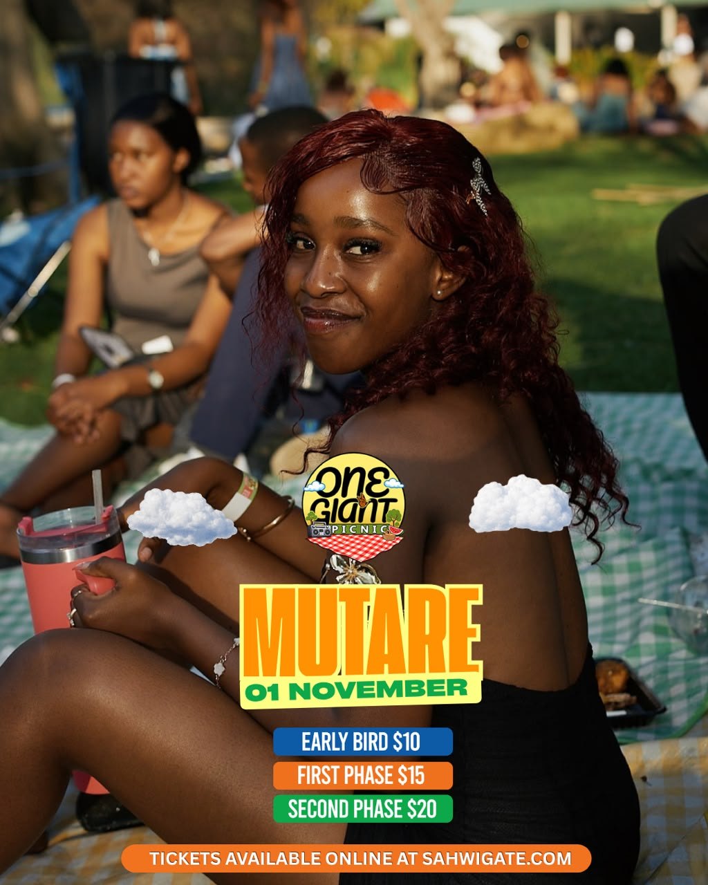 One Giant Picnic poster for Mutare on 1 November — a guest smiling over her shoulder on a picnic blanket